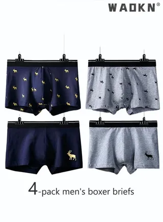 4 Pack Set Men's Cotton Boxers Shorts Briefs Breathable Soft Underpants Summer High Elastic Classic Elk Pattern Printing Teenager Underwear Men Underwear 