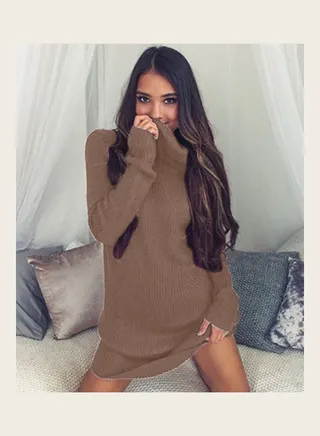 High Collar Solid Color Pullover Sweater Khaki 