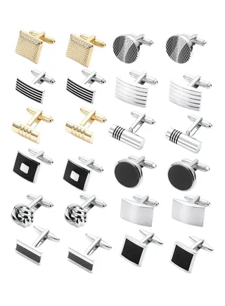 12 Pairs Cufflinks for Men Classic Tone Cuff Links Silver Black Striped Disc Square Rectangle Cuff Links Shirt Suit Men’s Cufflinks For Wedding Groom Business Elegant Gift 