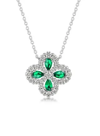 Diamond Emerald Pendant 925 Silver Plated Platinum Clover Necklace for Wife, Mother, and Girlfriend 
