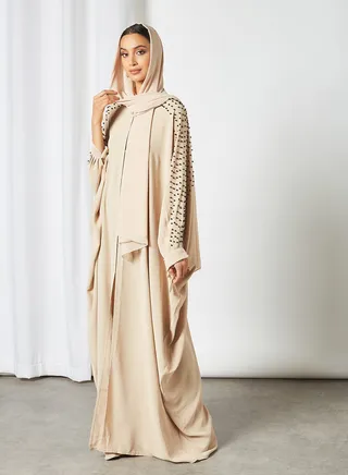 Traditional Embellished Beaded Abaya Beige 