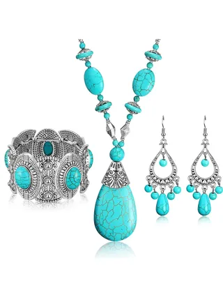 Bohemian Turquoise Set Turquoise Pendant Necklace, Vintage Turquoise Dangle Earrings, Stretchable Turquoise Bracelet for Women Statement Boho Jewelry Set(3 Pieces) 