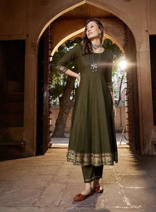 shae by sassafras Women Olive Floral Foil Border Anarkali Kurta With Pants 