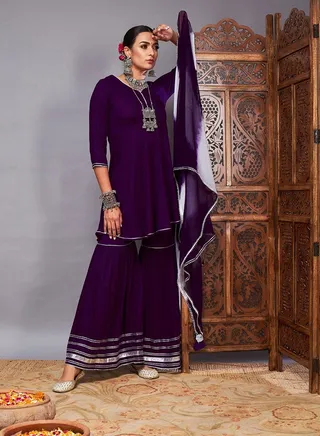 shae by sassafras Women Purple Short Kurta With Sharara & Lehariya Dupatta 