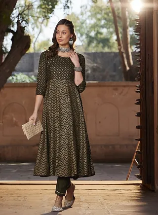 shae by sassafras Women Olive Chevron Foil Anarkali Kurta With Pants 