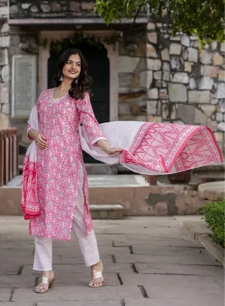 Cotton Fabric Batik Print Women Kurta Set with Dupatta an Ethnic Wear for Women 