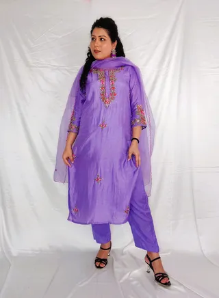 PRIYA’S PANACHE Purple Dola Silk Embroidered Kurta Pant Dupatta Set for Women 
