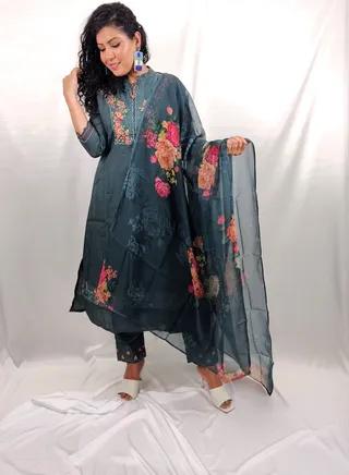 PRIYA'S PANACHE Blue Premium Muslin Fabric Kurta Pant Dupatta Set - Designer Festival Traditional Ethnic Indian Partywear For Women 