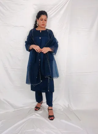PRIYA'S PANACHE, Bold Blue Kurta Pant & Organza Dupatta Set for Women. 