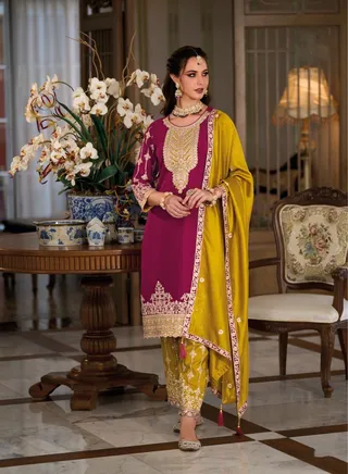 PRIYA’S PANACHE Premium Silk Magenta Straight Indian Kurta Set for Women 