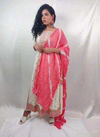 PRIYA'S PANACHE White Nyra Cut Cotton Kurta Pant Dupatta Set - Designer Festival Traditional Ethnic Indian Partywear For Women 