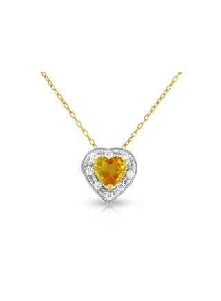 18K Solid Gold And 0.08Cts Diamonds And 5mm Genuine Citrine Heart Necklace 