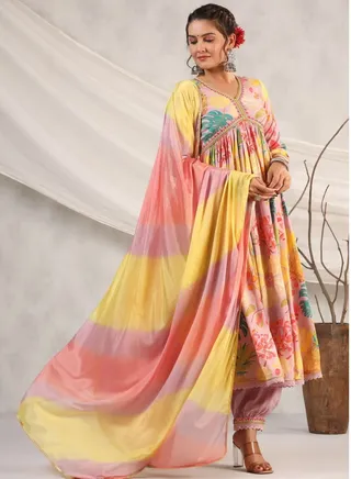 PRIYA'S PANACHE Floral Print Muslin Alia Flared Kurta Pant Dupatta Set 