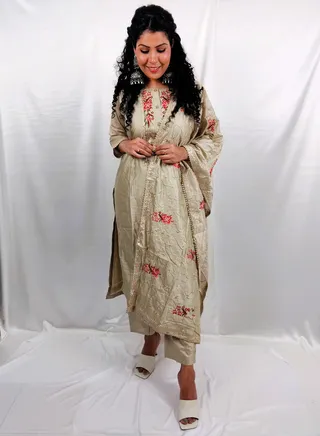 PRIYA'S PANACHE Beautiful Silk Fabric Beige Straight Kurta Pant Dupatta Set - Designer Festival Traditional Ethnic Indian Partywear For Women 