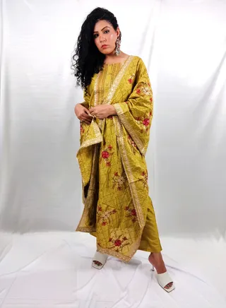 PRIYA'S PANACHE Designer Mustered Yellow Silk Straight Kurta Pant Dupatta Set - Festival Traditional Ethnic Indian Partywear For Women 
