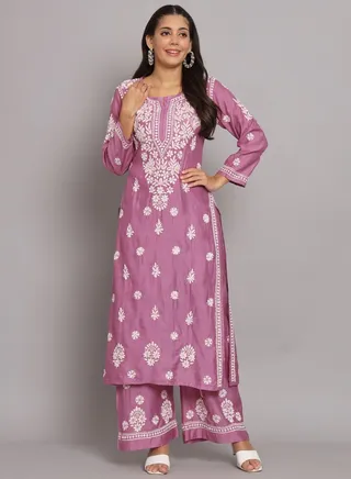 Hand Embroidered Chikan Chanderi Straight Kurta Palazzos-AL3671KS 