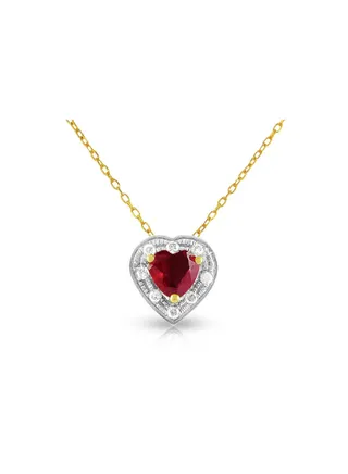 18K Solid Gold And 0.08Cts Diamonds And 5mm Genuine Ruby Heart Necklace 