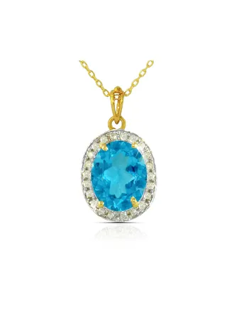 18k Gold 10mm Genuine Oval Cut Swiss Blue Topaz 0.12Ct Genuine Diamonds Necklace 