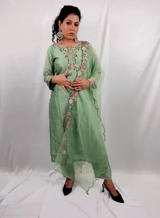 PRIYA'S PANACHE Premium Silk Fabric Green Straight Kurta Pant Organza Dupatta Set - Designer Festival Traditional Ethnic Indian Partywear For Women 