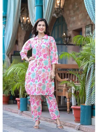 PRIYA'S PANACHE Floral Print Cotton Collared Pink Kurta Pant Co-ord Set 