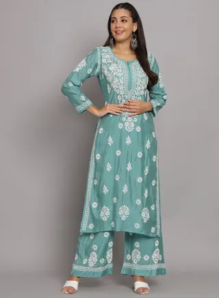 Hand Embroidered Chikan Chanderi Straight Kurta Palazzos-AL3671KS 