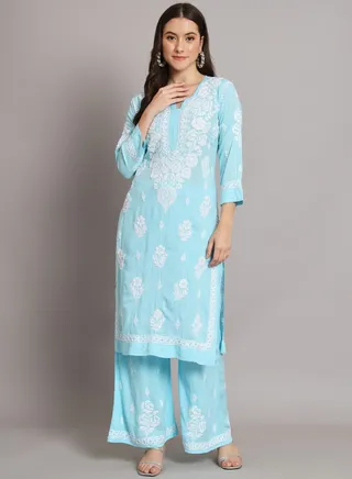 Hand Embroidered Chikan Modal Straight Kurta Palazzos AL3668 