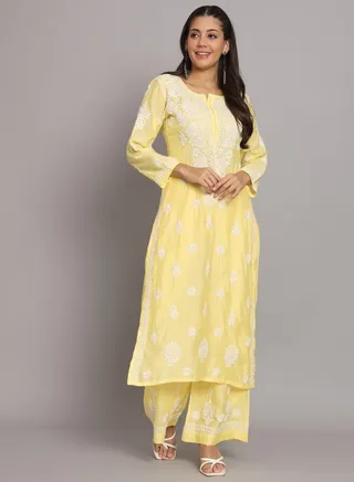 Hand Embroidered Chikan Chanderi Straight Kurta Palazzos-AL3671KS 