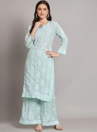 Hand Embroidered Chikan Modal Straight Kurta Palazzos AL3668 