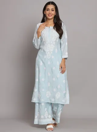 Hand Embroidered Chikan Chanderi Straight Kurta Palazzos-AL3671KS 