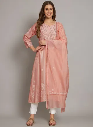 Hand embroidered Chikankari Chanderi Cotton Kurta Set and Dupatta with Mukaish-AL3665KS 