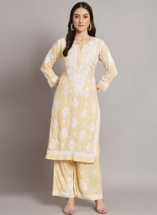 Hand embroidered chikan modal straight kurta palazzos AL3668 