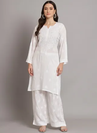 Hand Embroidered Chikankari Modal Kurta with Palazzo- AL3662KS 
