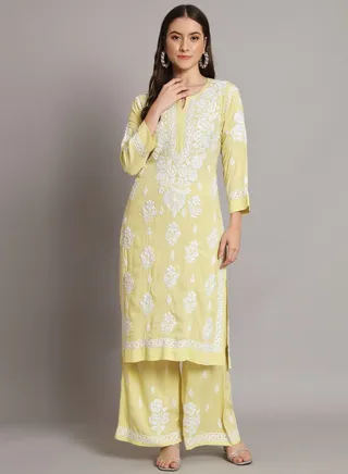 Hand Embroidered Chikan Modal Straight Kurta Palazzos AL3668 