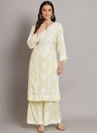 Hand embroidered chikan modal straight kurta palazzos AL3668 