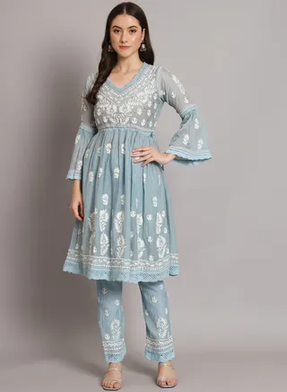 Hand Embroidered Chikankari Chanderi Cotton Frock Style Kurta Pant-AL3661KS 