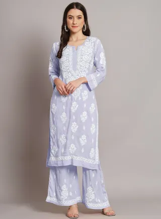Hand Embroidered Chikan Modal Straight Kurta Palazzos AL3668 