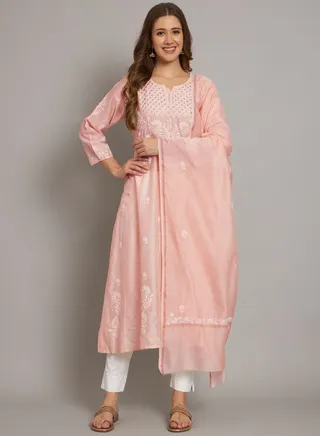 Hand embroidered Chikankari Chanderi Cotton Kurta Set and Dupatta with Mukaish-AL3665KS 