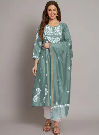 Hand Embroidered Chikankari Chanderi Cotton Kurta Set and Dupatta with Mukaish-AL3665KS 