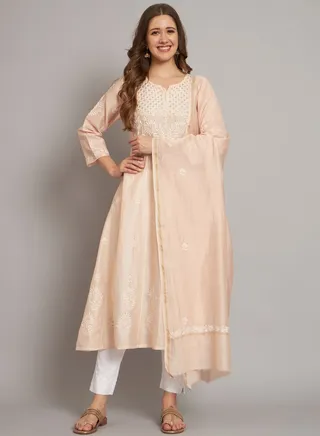 Hand embroidered Chikankari Chanderi Cotton Kurta Set and Dupatta with Mukaish-AL3665KS 