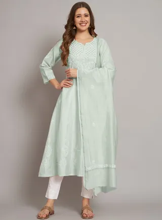 Hand embroidered Chikankari Chanderi Cotton Kurta Set and Dupatta with Mukaish-AL3665KS 
