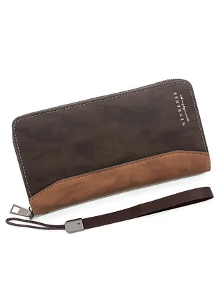 Large Capacity Leather Men's Long Wallet Card Holder Cluth Money Zipper Bag with Strap for Commute Business 