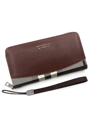 Fashion Checkered Stitching Men's Long Wallet Large Capacity Clutch Bag Card Holder Money Zipper Bag with Strap for Shopping Commute Business 