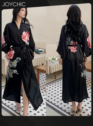 New Style Flower Pattern Satin Pajamas for Women Spring and Summer Light Luxury Three-quarter Sleeves Cool Nightgown Long Sleep Robe Home Wear One Size Black 