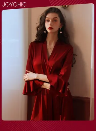 French Romantic Female Satin Nightgown Delicate Flounces Design Cuff Pajamas Women  Breathable V Cardigan Charming Sleepwear Wine Red 