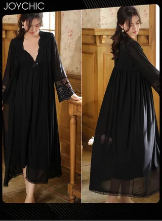 2-piece Palace Style Long-sleeved Nightgown for Women Spring and Autumn Cotton Mesh Suspender Dress+ Sleep Robe with Breast Pads Breathable Female Home Pajamas Black 