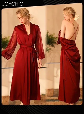 New Style Autumn and Winter Nightgown Extended Satin Pajamas Sleep Robe+Suspender Dress Cuff Dot Mech Design V-neck Sleepwear with Adjustable Belt for Women Wine Red 