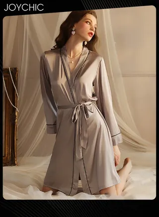 Simple Spring and Autumn Women Sleepwear Wrapping Strip esign Long Satin Nightgown Soft and Smooth Female V Cardian Pajamas with Belt Grey 