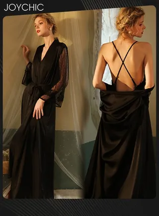 Spring Summer and Autumn Nightgown Extended Satin Pajamas Sleep Robe+Suspender Dress Cuff Dot Mech Design V-neck Sleepwear with Adjustable Belt for Women Black 