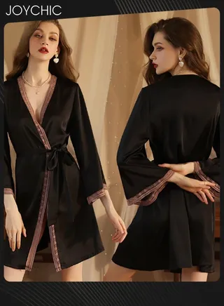 New Style Silky Satin Pajamas Women's Ice Silk Long-sleeved Silk Lace Nightgown with Delicate Lace Cuffs Black 