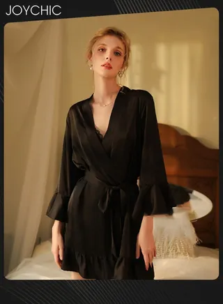 French Romantic Female Satin Nightgown Delicate Flounces Design Cuff Pajamas Women  Breathable V Cardigan Charming Sleepwear Black 
